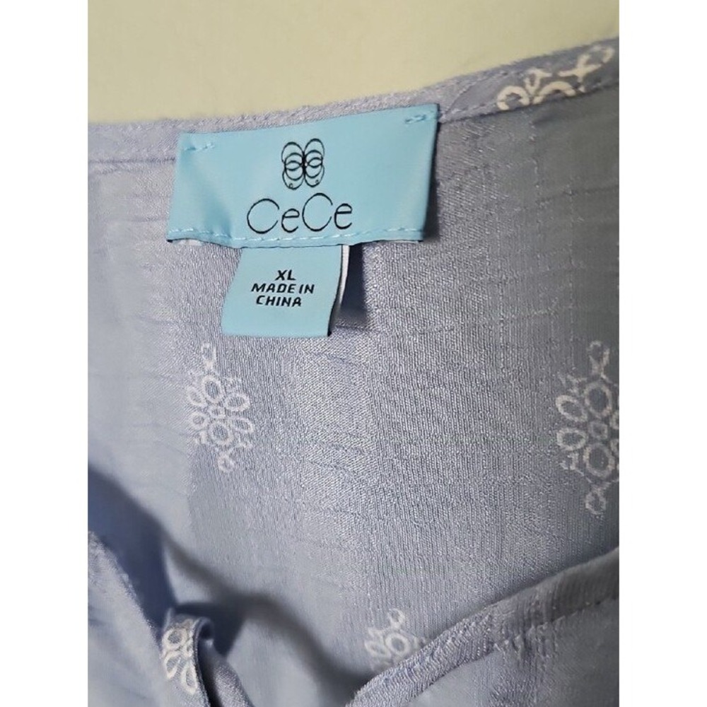 CeCe Blue Embroidered Peplum Blouse XL Short Puff Sleeve Tie Neck Pearl Bead - Picture 3 of 9
